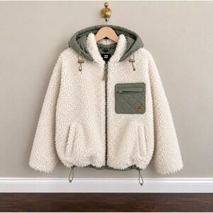 Billabong Boundary Mock Lite Sherpa Fleece Hooded Jacket Cream Olive Green Large